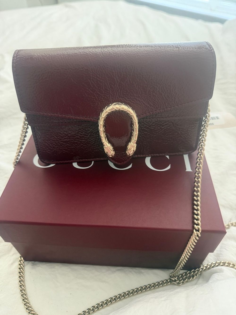 Gucci Burgundy patent Leather Dionysus Mini Chain Crossbody Bag w/ Gold Hardware